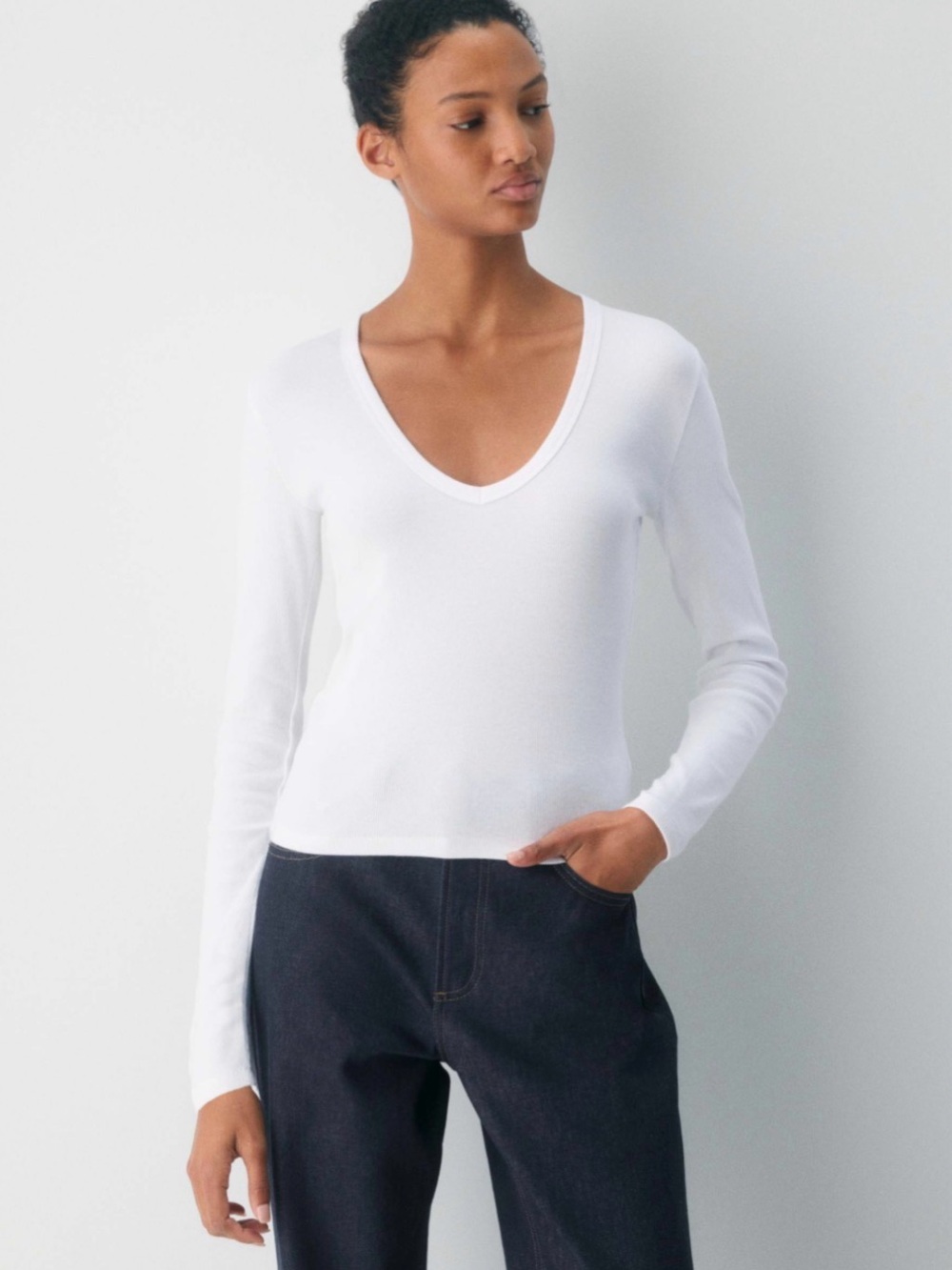 Aritzia HomeStretch White Rib V- Neck Long Sleeve Women's Top